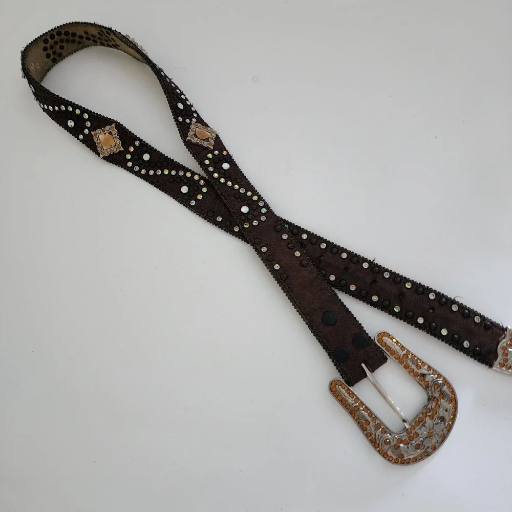 Brown Leather Rhinestone‎ Studded Belt Diamond Square Bling Western Large 34-39